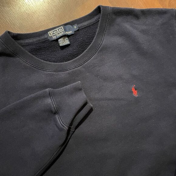 Vintage Polo Ralph Lauren Crew Neck Sweatshirt Sweater Fleece Navy Red Pony S - Picture 1 of 6